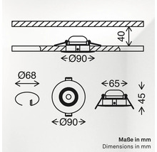 Maßzeichnung eines Einbaustrahlers mit Installationsmaßen in Millimetern für die Deckenmontage.