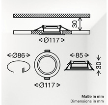 Technische Zeichnung mit Maßangaben für einen Einbaustrahler mit 117 Millimeter Durchmesser und 30 Millimeter Einbautiefe in Millimetern.
