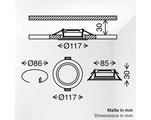Technische Zeichnung mit Maßangaben für einen Einbaustrahler mit 117 Millimeter Durchmesser und 30 Millimeter Einbautiefe in Millimetern.