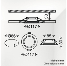 Technische Zeichnung mit Maßangaben für einen runden Einbaustrahler, Maße in Millimeter.