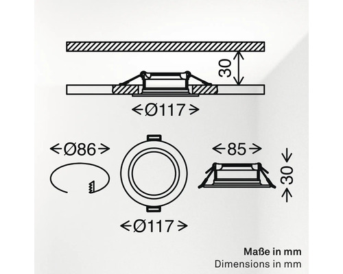 Technische Zeichnung mit Maßangaben für einen runden Einbaustrahler, Maße in Millimeter.