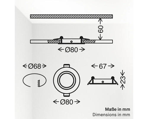Technische Zeichnung mit Maßen für einen runden Einbaustrahler mit 80 Millimeter Durchmesser und 23 Millimeter Einbautiefe.