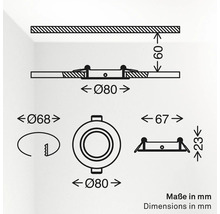 Technische Zeichnung mit Maßen für einen runden Einbaustrahler mit 80 Millimeter Durchmesser und 23 Millimeter Einbautiefe.