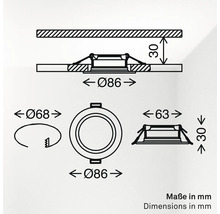 Technische Zeichnung der Einbaumaße für einen runden Einbaustrahler mit 86 Millimeter Außendurchmesser und 68 Millimeter Lochausschnitt.