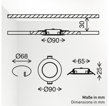 Maßzeichnung eines Einbaustrahlers mit Einbaudurchmesser 68 Millimeter, Außendurchmesser 90 Millimeter und Einbautiefe 30 Millimeter.