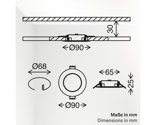 Maßzeichnung eines Einbaustrahlers mit Einbaudurchmesser 68 Millimeter, Außendurchmesser 90 Millimeter und Einbautiefe 30 Millimeter.