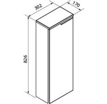 Maßskizze für einen schmalen Schrank: Höhe 826 Millimeter, Breite 302 Millimeter und Tiefe 170 Millimeter.