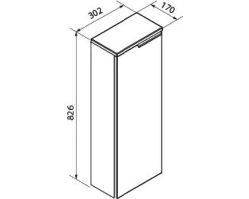 Maßskizze für einen schmalen Schrank: Höhe 826 Millimeter, Breite 302 Millimeter und Tiefe 170 Millimeter.