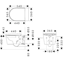 Maßzeichnung eines wandhängenden WCs mit Abmessungen in Millimeter. Länge 540 Millimeter, Breite 365 Millimeter, Höhe 400 Millimeter.