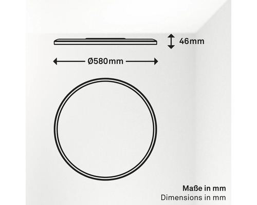 Runde Deckenleuchte mit einem Durchmesser von 580 Millimetern und einer Höhe von 46 Millimetern.