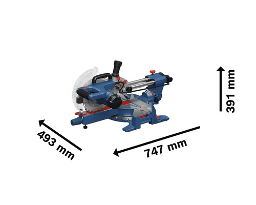 Blaue Kapp- und Gehrungssäge mit Maßangaben: Breite 747 Millimeter, Tiefe 493 Millimeter, Höhe 391 Millimeter.