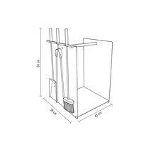 Technische Zeichnung eines Kaminbestecks mit Holzlege, Maße 60 Zentimeter hoch, 38 Zentimeter breit und 43 Zentimeter tief, inklusive Schaufel, Besen und Zange.