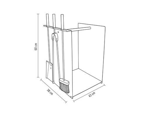 Technische Zeichnung eines Kaminbestecks mit Holzlege, Maße 60 Zentimeter hoch, 38 Zentimeter breit und 43 Zentimeter tief, inklusive Schaufel, Besen und Zange.