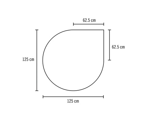 Maßzeichnung einer tropfenförmigen Bodenplatte mit einer Breite von 125 Zentimeter und einer Höhe von 125 Zentimeter.