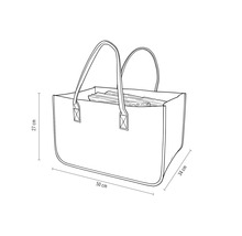 Skizze einer Kaminholztasche mit den Maßen 50 mal 27 mal 34 Zentimeter, gefüllt mit Brennholz.