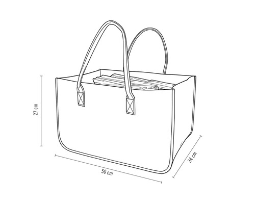 Skizze einer Kaminholztasche mit den Maßen 50 mal 27 mal 34 Zentimeter, gefüllt mit Brennholz.