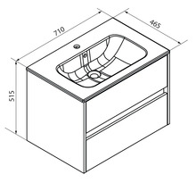 Maßzeichnung Waschtischunterschrank mit Waschbecken, Breite 710 Millimeter, Tiefe 465 Millimeter, Höhe 515 Millimeter, zwei Schubladen.