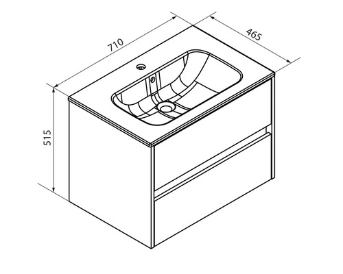 Maßzeichnung Waschtischunterschrank mit Waschbecken, Breite 710 Millimeter, Tiefe 465 Millimeter, Höhe 515 Millimeter, zwei Schubladen.