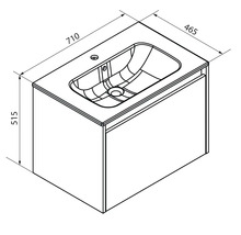 Maßzeichnung für Waschtischunterschrank mit Waschbecken, Breite 710 Millimeter, Tiefe 465 Millimeter, Höhe 515 Millimeter.