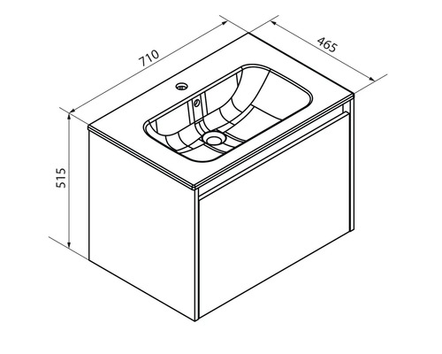 Maßzeichnung für Waschtischunterschrank mit Waschbecken, Breite 710 Millimeter, Tiefe 465 Millimeter, Höhe 515 Millimeter.