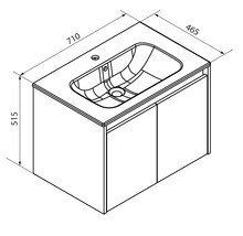 Waschtischunterschrank mit Waschbecken, Breite 710 Millimeter, Tiefe 465 Millimeter, Höhe 515 Millimeter.