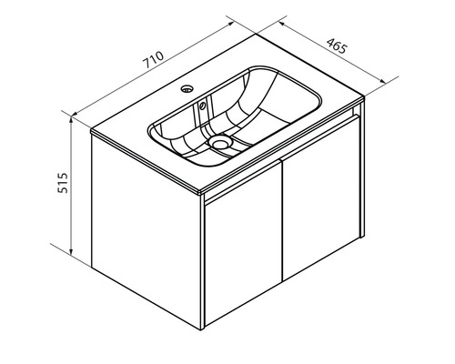 Waschtischunterschrank mit Waschbecken, Breite 710 Millimeter, Tiefe 465 Millimeter, Höhe 515 Millimeter.