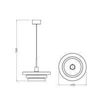 Maßzeichnung einer Pendelleuchte mit gestuftem Schirm. Maße: Gesamthöhe 1885 Millimeter, Durchmesser 400 Millimeter.