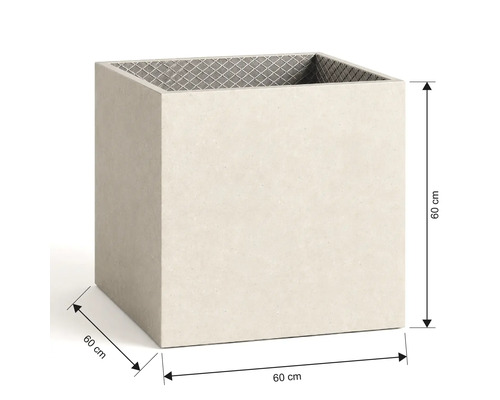 Quadratischer Pflanzkübel in Steinoptik, Maße 60 mal 60 mal 60 Zentimeter.
