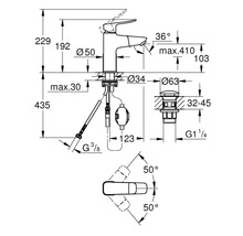 Technische Zeichnung einer Waschtischarmatur mit Maßangaben in Millimetern für Höhe, Ausladung und Anschlüsse. Schwenkbereich des Hebels 50 Grad.