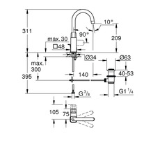 Technische Zeichnung einer Waschtischarmatur mit Maßen in Millimeter, Auslaufhöhe 209 Millimeter, Gesamthöhe 311 Millimeter, Ausladung 140 Millimeter.
