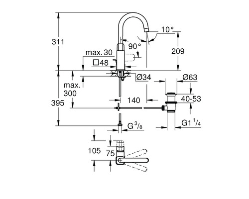 Technische Zeichnung einer Waschtischarmatur mit Maßen in Millimeter, Auslaufhöhe 209 Millimeter, Gesamthöhe 311 Millimeter, Ausladung 140 Millimeter.
