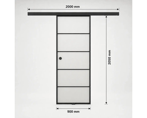 Schiebetür aus Glas, schwarzer Rahmen, fünf Paneele. Maße: Schiene 2000 Millimeter, Breite 900 Millimeter, Höhe 2050 Millimeter.