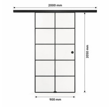 Schiebetür im Loft-Stil mit 10 Glasfeldern, schwarzem Rahmen. Laufschiene 2000 Millimeter, Höhe 2050 Millimeter, Breite 900 Millimeter.