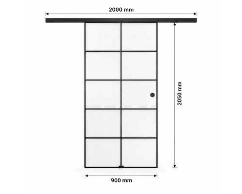 Schiebetür im Loft-Stil mit 10 Glasfeldern, schwarzem Rahmen. Laufschiene 2000 Millimeter, Höhe 2050 Millimeter, Breite 900 Millimeter.