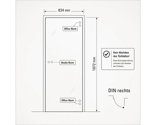 Technische Zeichnung eines Türblatts, Maße 834 mal 1972 Millimeter, Anschlag DIN rechts, Markierungen für Office-Norm und Studio-Norm.