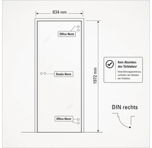 Technische Zeichnung eines Türblatts, Maße 834 mal 1972 Millimeter, Anschlag DIN rechts, Markierungen für Office-Norm und Studio-Norm.