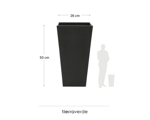 Schwarzer Tierraverde Pflanzkübel, quadratisch konisch, Breite 26 Zentimeter, Höhe 50 Zentimeter.