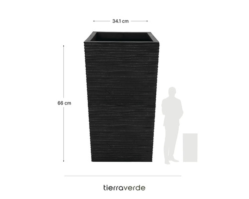 Tierraverde Logo. Strukturierter quadratischer Pflanzkübel, Höhe 66 Zentimeter, Breite 34,1 Zentimeter. Mit Größenvergleich durch Silhouette.