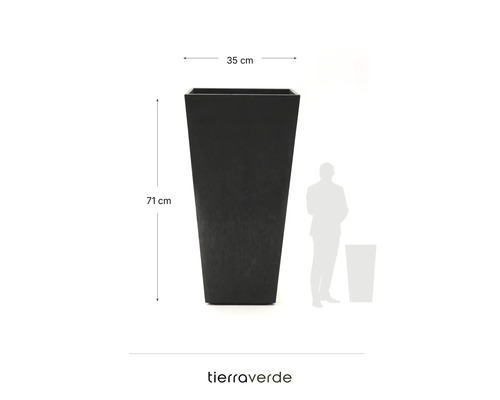Schwarzes Tierra Verde Pflanzgefäß, quadratisch und hoch, 35 Zentimeter breit und 71 Zentimeter hoch, inklusive Größenvergleich.