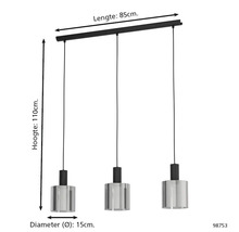 Dreiflammige Pendelleuchte mit zylindrischen Schirmen, Länge 85 Zentimeter, Höhe 110 Zentimeter, Schirmdurchmesser 15 Zentimeter.