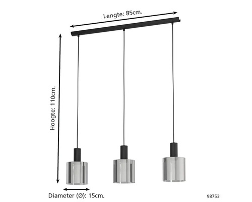 Dreiflammige Pendelleuchte mit zylindrischen Schirmen, Länge 85 Zentimeter, Höhe 110 Zentimeter, Schirmdurchmesser 15 Zentimeter.