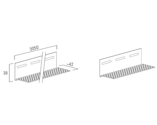Technische Zeichnung L-Profil, Länge 3050 Millimeter, Höhe 38 Millimeter, Breite circa 42 Millimeter, perforierte Fläche und Langlöcher.