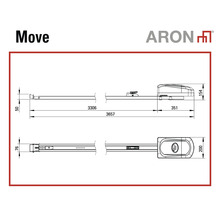 Maßzeichnung des Garagentorantriebs ARON Move mit Maßen in Millimeter. ARON Logo.
