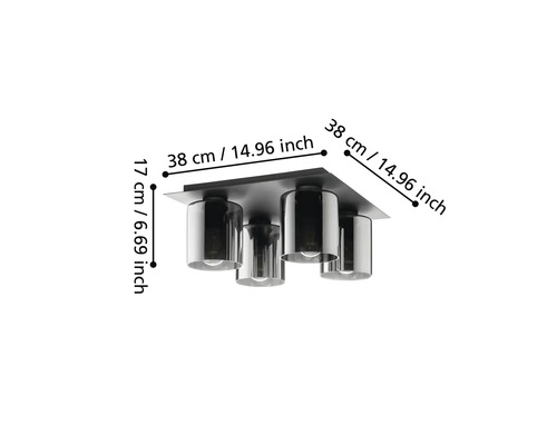 Moderne 4-flammige Deckenleuchte mit quadratischer Basis und zylindrischen Glasschirmen. Maße: 38 Zentimeter Breite, 38 Zentimeter Länge, 17 Zentimeter Höhe.