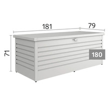 Gartenbox mit horizontaler Linienstruktur und den Maßen 181 Zentimeter Länge, 79 Zentimeter Breite und 71 Zentimeter Höhe. Modell Größe 180.