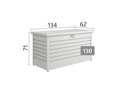 Gartenbox aus Metall mit Maßen: Länge 134 Zentimeter, Tiefe 62 Zentimeter, Höhe 71 Zentimeter, Modell 130.