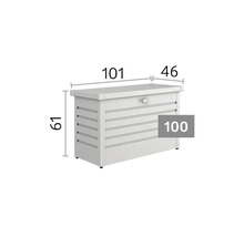 Gartenbox mit Maßangaben: Breite 101 Zentimeter, Tiefe 46 Zentimeter, Höhe 61 Zentimeter. Modellreihe 100.