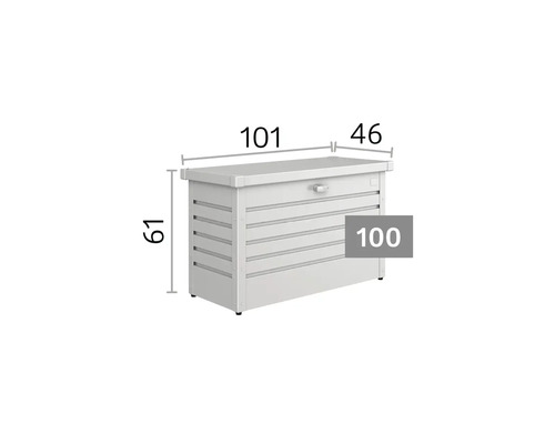 Gartenbox mit Maßangaben: Breite 101 Zentimeter, Tiefe 46 Zentimeter, Höhe 61 Zentimeter. Modellreihe 100.