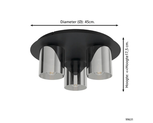 Moderne Deckenleuchte mit drei zylindrischen Schirmen aus verspiegeltem Glas auf einer runden Basis. Durchmesser 45 Zentimeter, Höhe 17,5 Zentimeter.