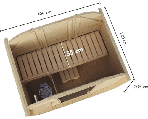 Sauna aus Holz mit Saunabank und Ofen, Ansicht von oben mit Maßen, 199 mal 140 mal 205 Zentimeter